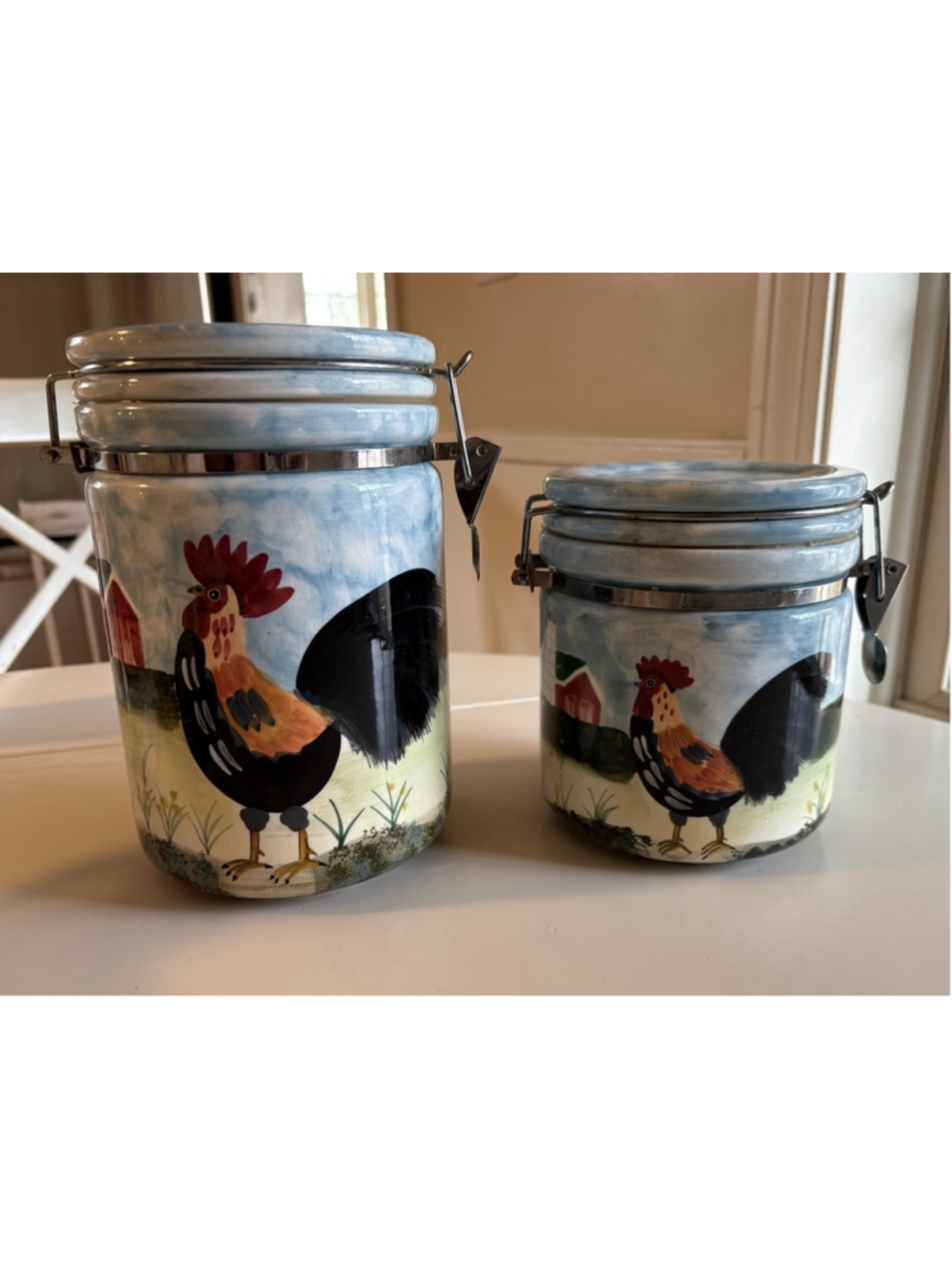 Vintage Rooster Canister Set Farmhouse Kitchen Ceramic Clamp Lid Country Decor